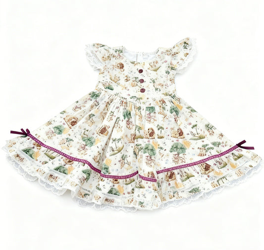 (Pre-order)GSD3223 Cartoon Lion Animals Print Girls Summer Knee Length Dress