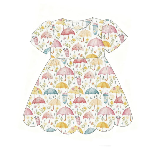 (Pre-order)GSD3225 Umbrella Flowers Print Girls Summer Knee Length Dress