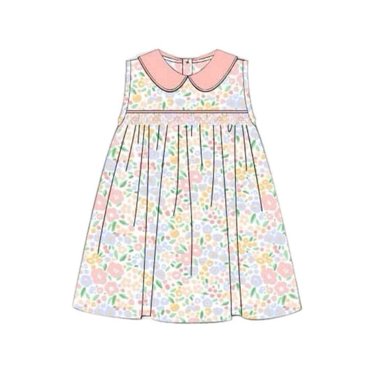 (Pre-order)GSD3226 Colorful Flowers Print Girls Summer Knee Length Dress