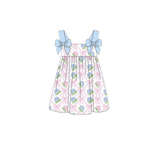 (Pre-order)GSD3227 Flowers Bows Print Girls Summer Knee Length Dress