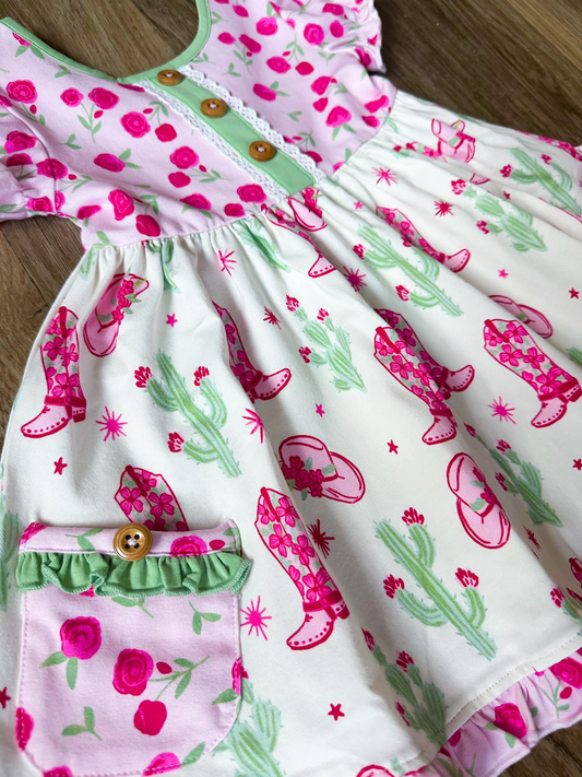 (Pre-order)GSD3228 Flowers Boots Print Girls Summer Knee Length Dress