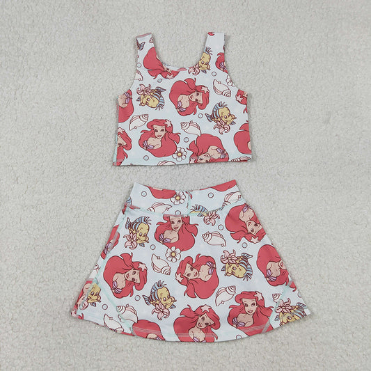 GSD3231 Cartoon Princess Mermaid Fish Tank Top Skirts Shorts Girls Summer Yoga Clothes Set