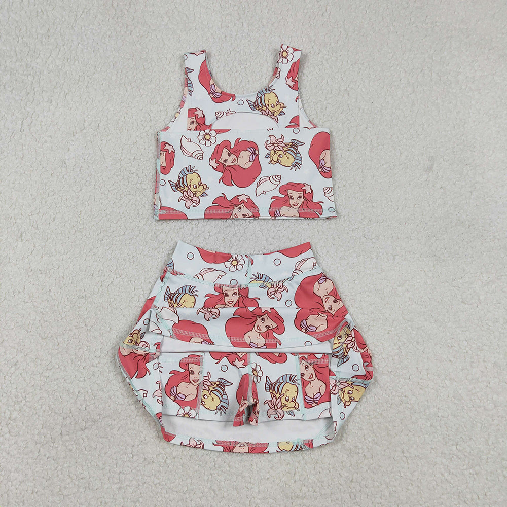 GSD3231 Cartoon Princess Mermaid Fish Tank Top Skirts Shorts Girls Summer Yoga Clothes Set