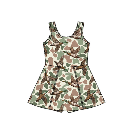 (Pre-order)GSD3232  Duck Green Camo Print Girls Summer Knee Length Yoga Dress