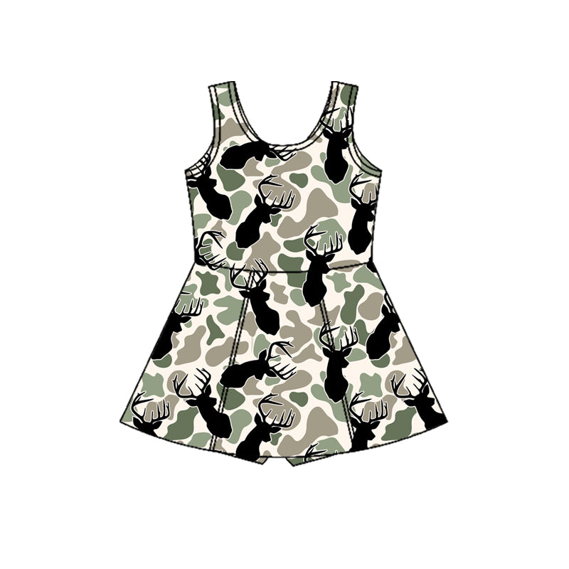 (Pre-order)GSD3234  Deer Green Camo Print Girls Summer Knee Length Yoga Dress