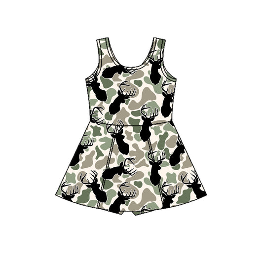 (Pre-order)GSD3234  Deer Green Camo Print Girls Summer Knee Length Yoga Dress