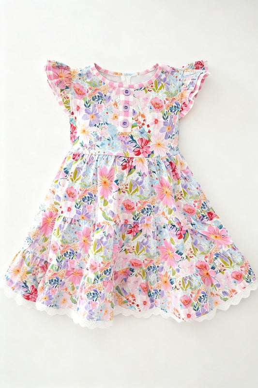 (Pre-order)GSD3235 Colorful Flowers Print Girls Summer Knee Length Dress