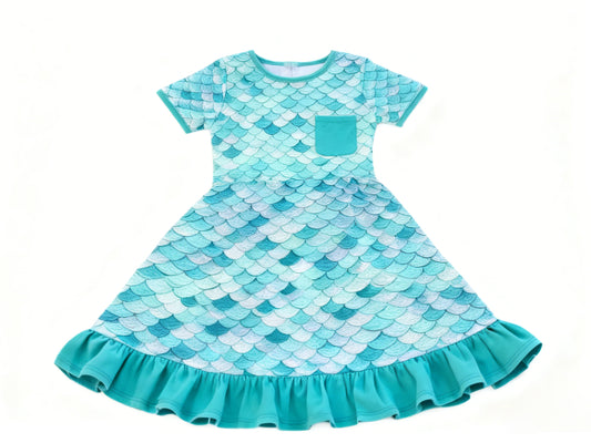 (Pre-order)GSD3236 Blue Scales Print Girls Summer Knee Length Dress