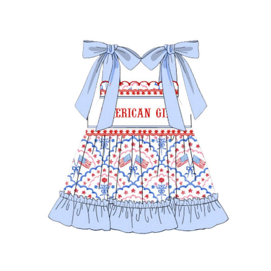 (Pre-order)GSD3239 American Girl Flag Bows Print Girls 4th of July Knee Length Strap Dress