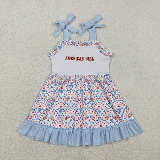GSD3239 American Girl Embroidery Flag Bows Print Girls 4th of July Knee Length Strap Dress