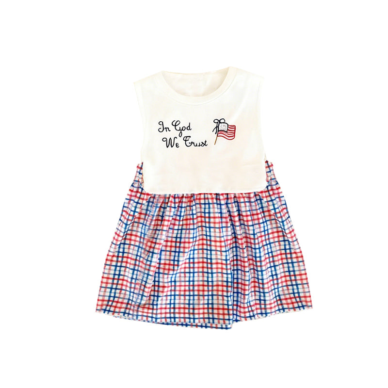 (Pre-order)GSD3240 Flag Plaid Print Girls 4th of July Knee Length Dress