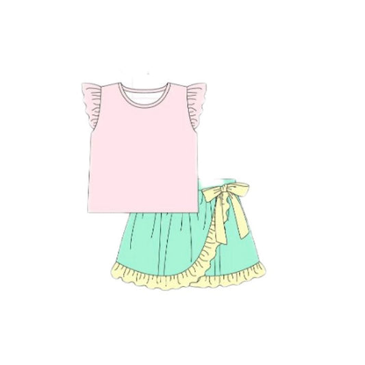 (Pre-order)GSD3243  Pink Top Green Skirts Girls Summer Clothes Set
