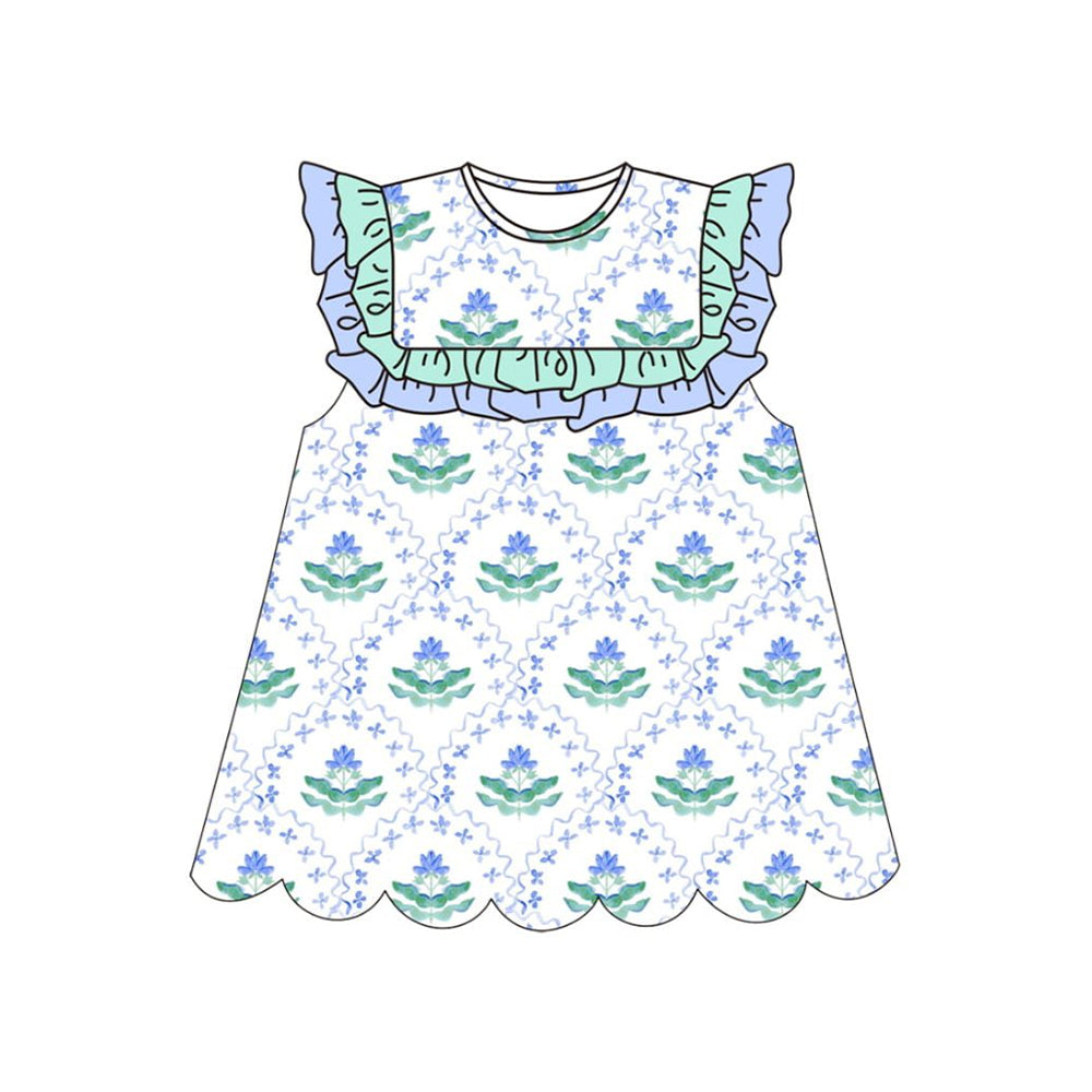 (Pre-order)GSD3247 Blue Flowers Print Girls Summer Knee Length Dress