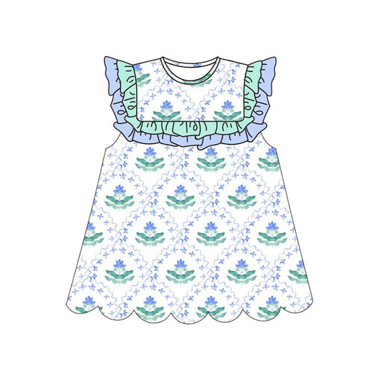 (Pre-order)GSD3247 Blue Flowers Print Girls Summer Knee Length Dress