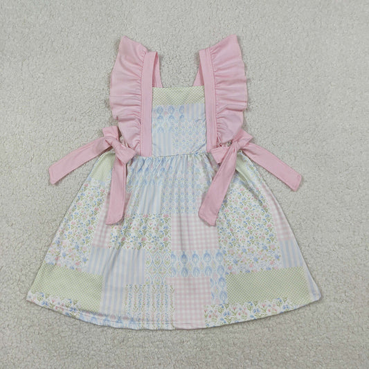 GSD3249 Small Flowers Plaid Print Girls Summer Knee Length Dress