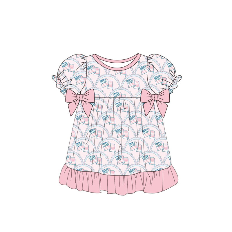 (Pre-order)GSD3254 Flag Pink Print Girls 4th of July Knee Length Dress