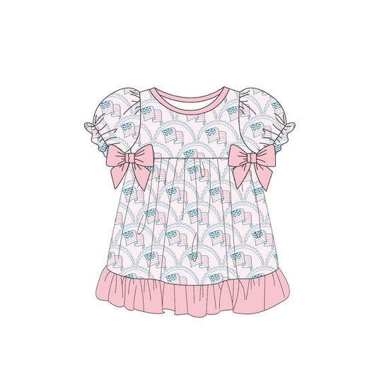 (Pre-order)GSD3254 Flag Pink Print Girls 4th of July Knee Length Dress