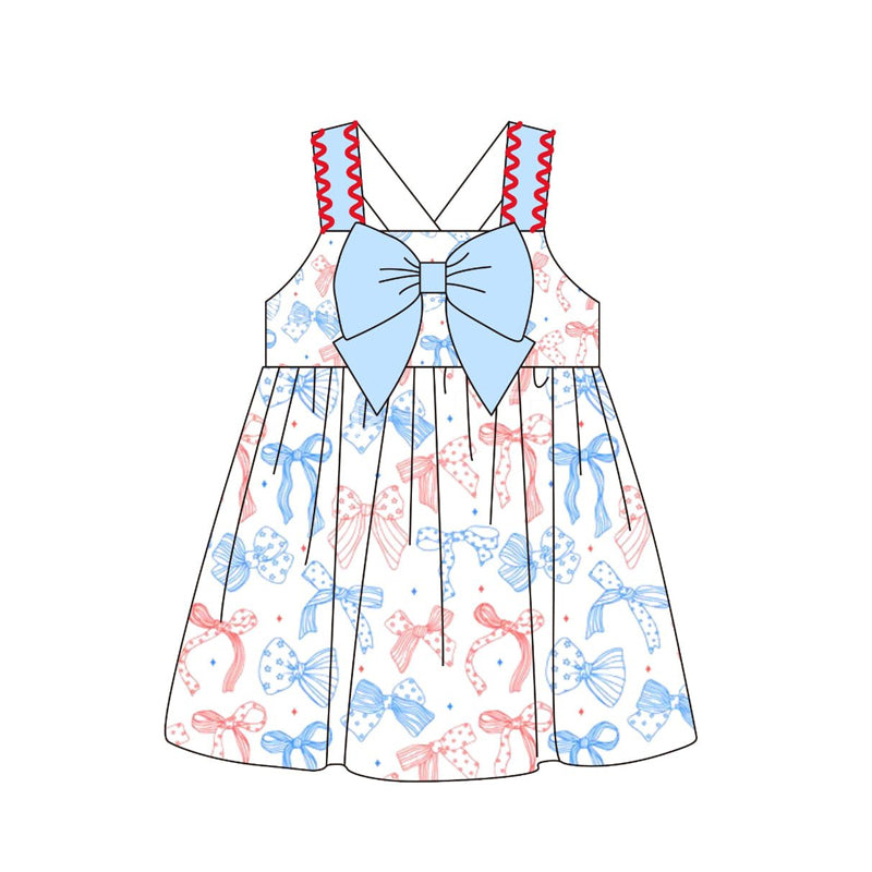 (Pre-order)GSD3256 Red Blue Bows Stars Print Girls 4th of July Knee Length Dress