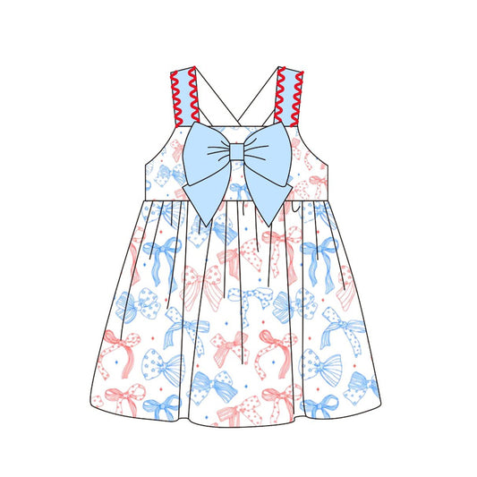 (Pre-order)GSD3256 Red Blue Bows Stars Print Girls 4th of July Knee Length Dress