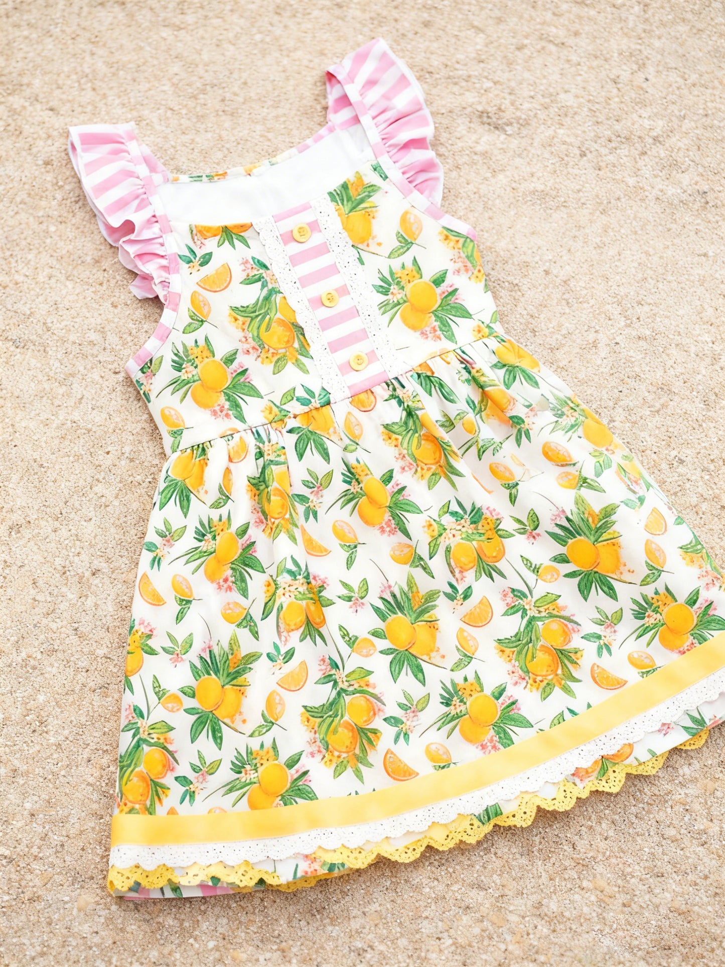 (Pre-order)GSD3262 Lemon Flowers Print Girls Summer Knee Length Dress