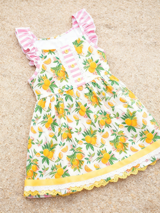 (Pre-order)GSD3262 Lemon Flowers Print Girls Summer Knee Length Dress