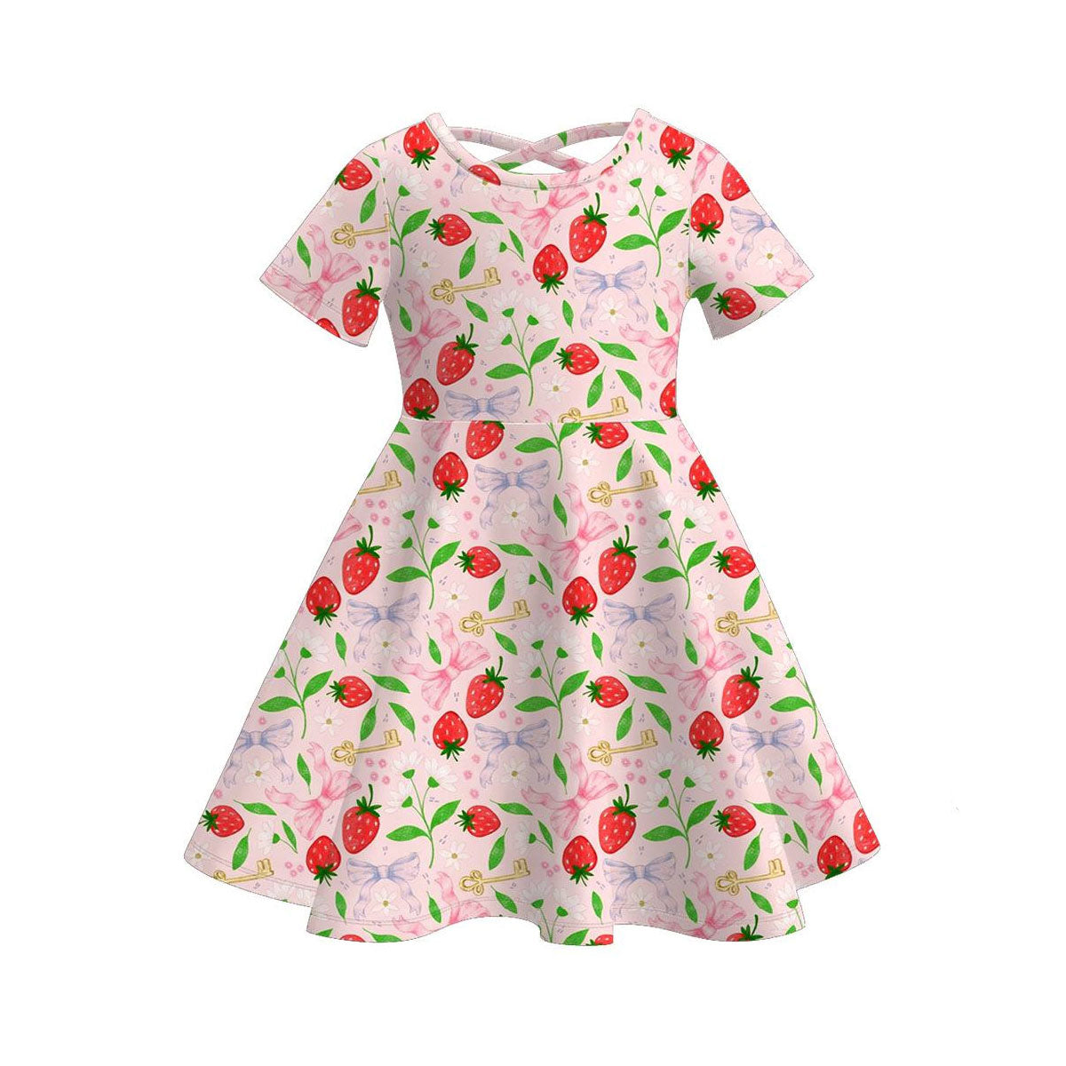 (Pre-order)GSD3266 Strawberry Flowers Bows Print Girls Summer Knee Length Dress