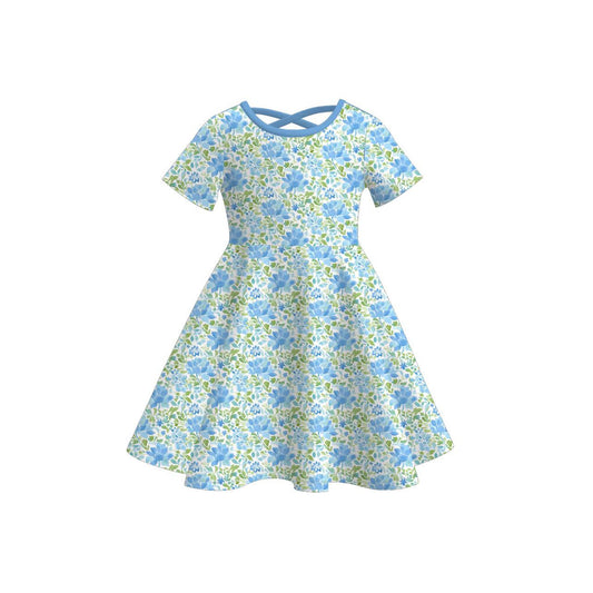 (Pre-order)GSD3267 Blue Flowers Print Girls Summer Knee Length Dress