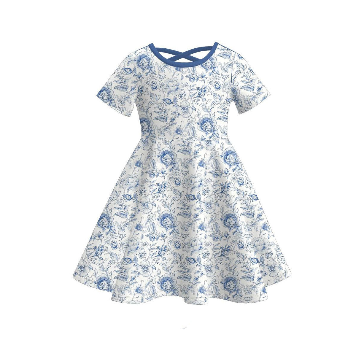 (Pre-order)GSD3268 Blue White Flowers Print Girls Summer Knee Length Dress