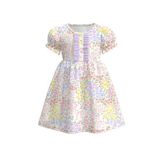 (Pre-order)GSD3270 Colorful Small Flowers Bows Print Girls Summer Knee Length Dress