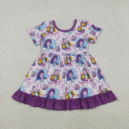 GSD3272 Cartoon Demon Movie Purple Bows Print Girls Summer Knee Length Dress