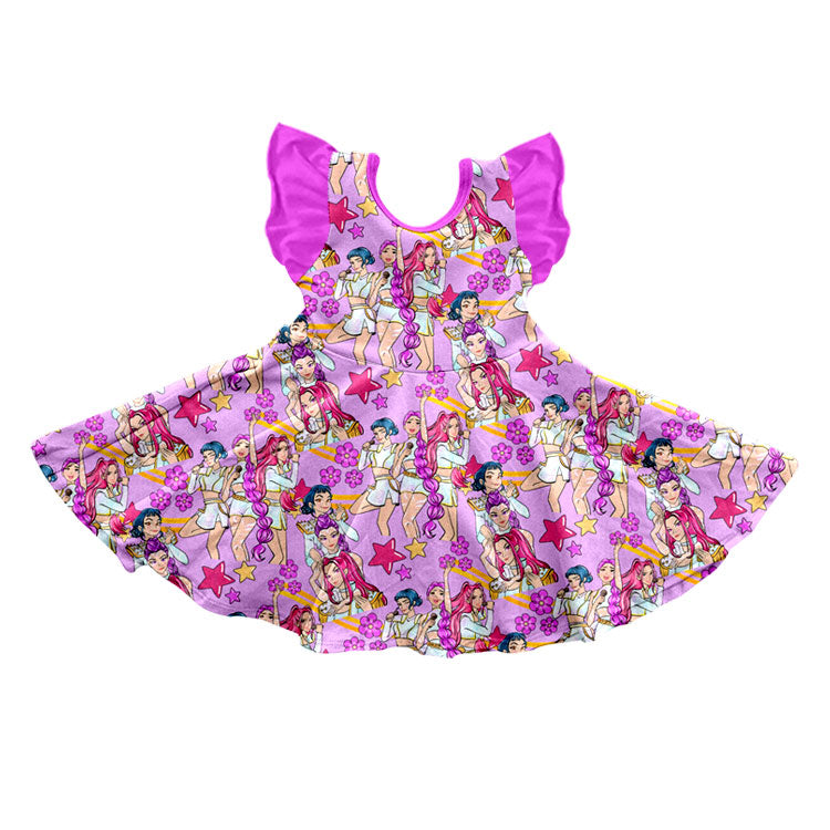 (Pre-order)GSD3273 Cartoon Demon Movie Flowers Print Girls Summer Knee Length Dress