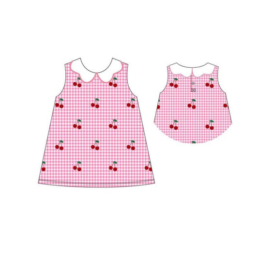 (Pre-order)GSD3276 Cherry Pink Plaid Print Girls Summer Knee Length Dress