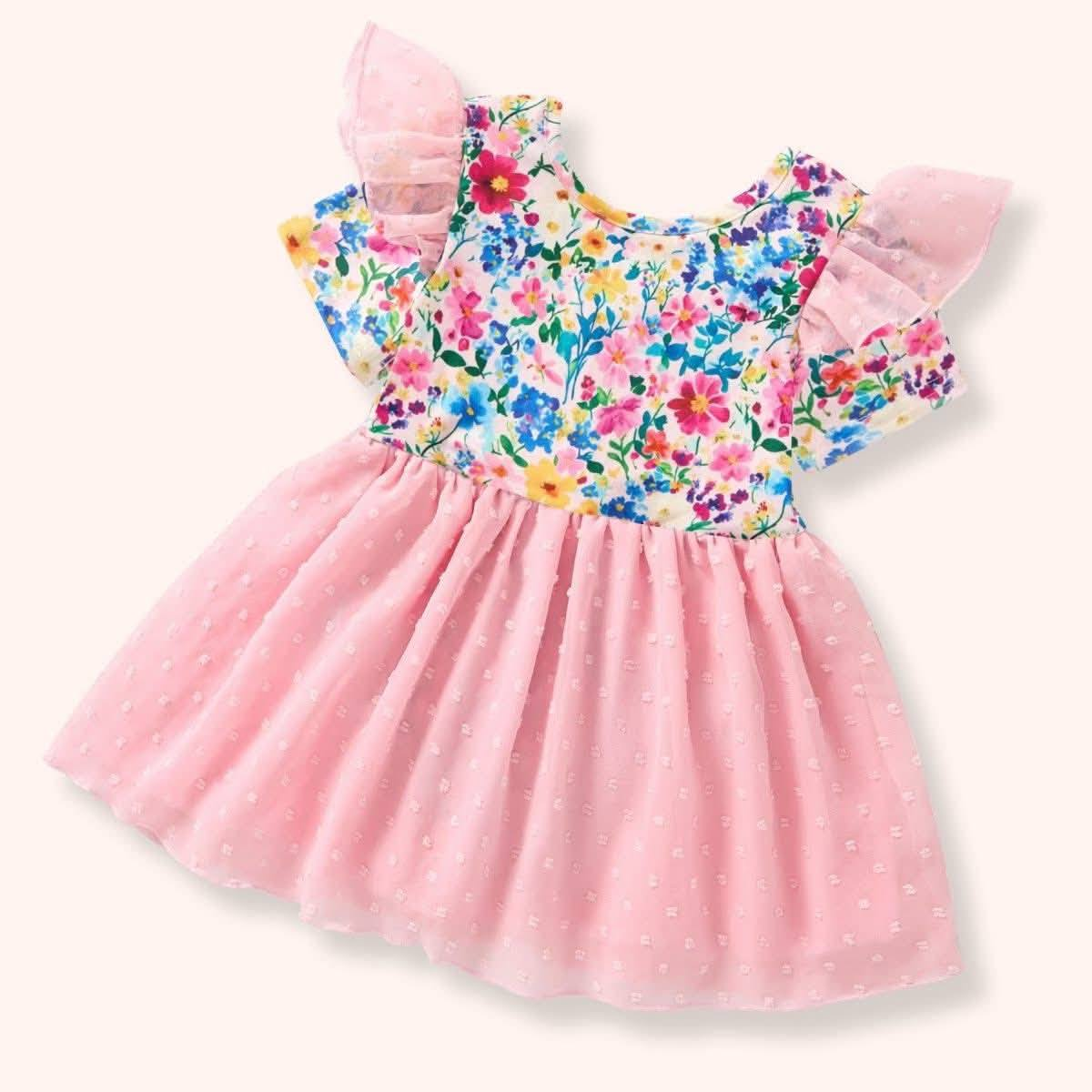 (Pre-order)GSD3277 Colors Flowers Print Girls Summer Knee Length Tulle Dress
