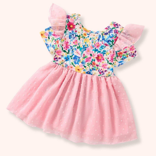 (Pre-order)GSD3277 Colors Flowers Print Girls Summer Knee Length Tulle Dress