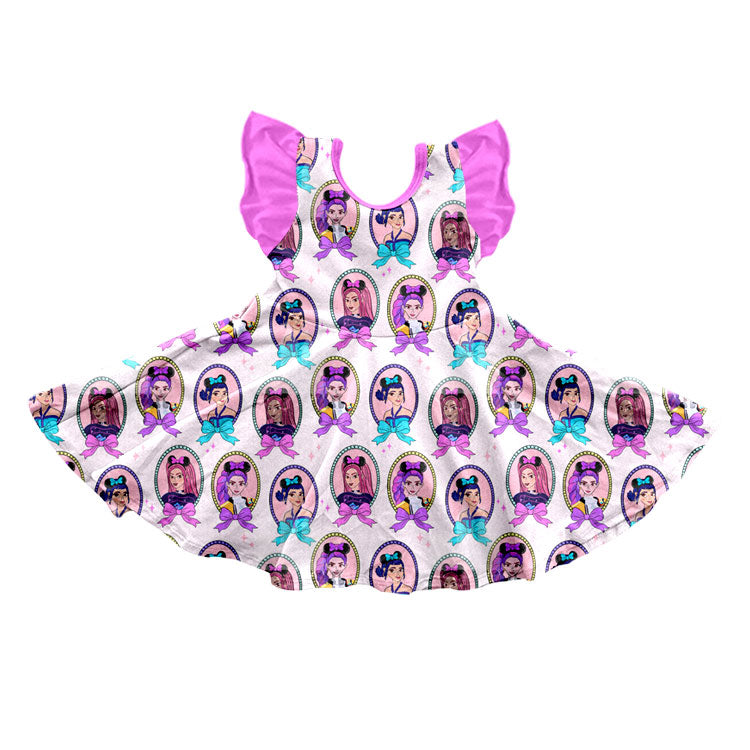 (Pre-order)GSD3285 Cartoon Demon Movie Bows Print Girls Summer Knee Length Dress