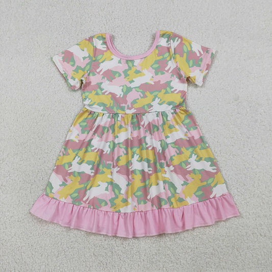 GSD3286 Bunny Pink Camo Print Girls Easter Knee Length Dress