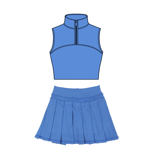 (Pre-order)GSD3298 Blue Color Zipper Top Skirts Girls Summer Yoga Clothes Set