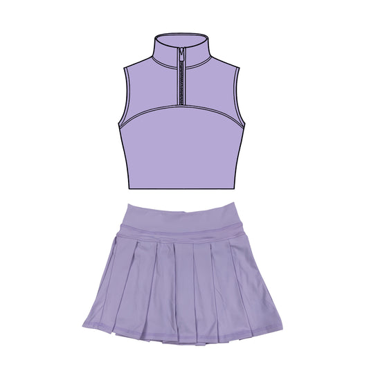 (Pre-order)GSD3300 Lavender Color Zipper Top Skirts Girls Summer Yoga Clothes Set