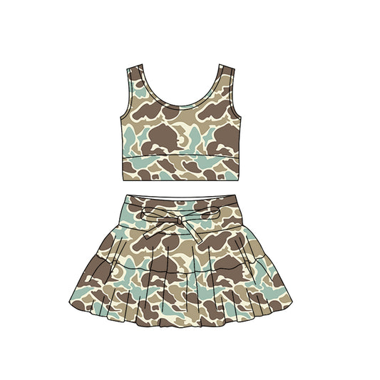 (Pre-order)GSD3307 Brown Blue Camo Print Tank Top Skirts Girls Summer Yoga Clothes Set