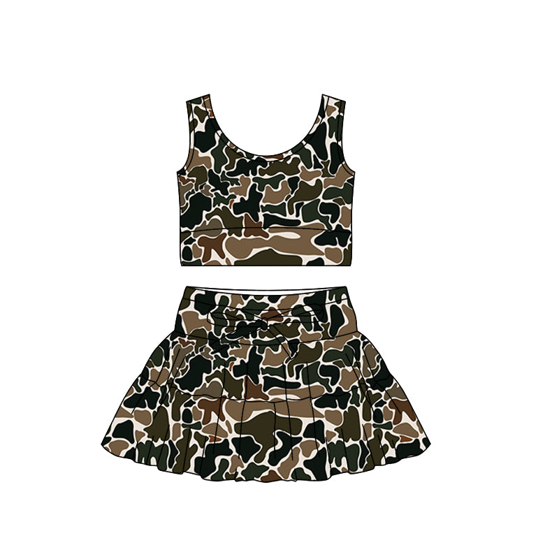 (Pre-order)GSD3308 Brown Camo Print Tank Top Skirts Girls Summer Yoga Clothes Set