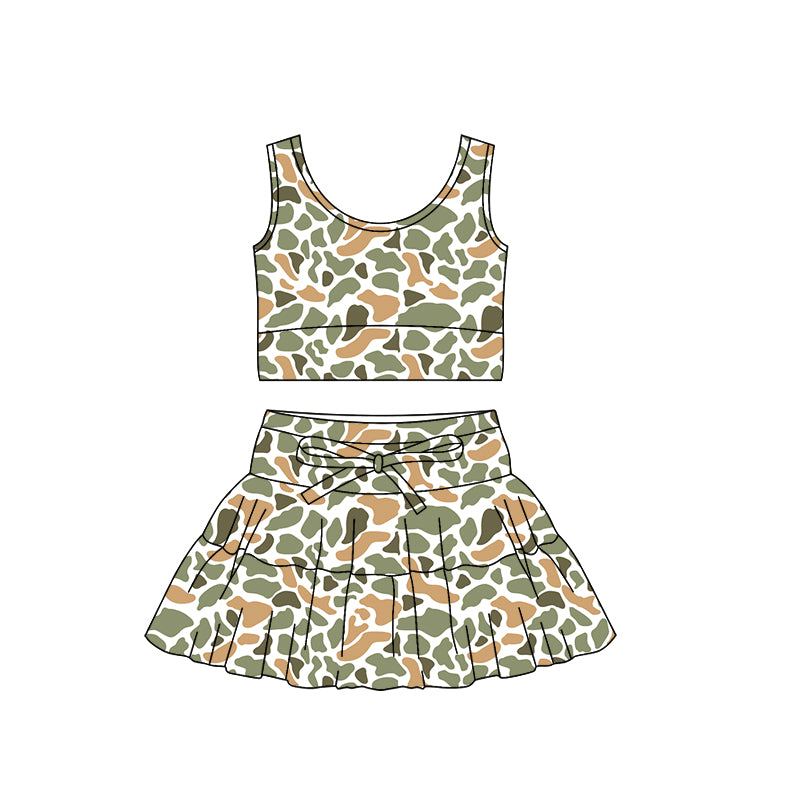 (Pre-order)GSD3310 Orange Green Camo Print Tank Top Skirts Girls Summer Yoga Clothes Set