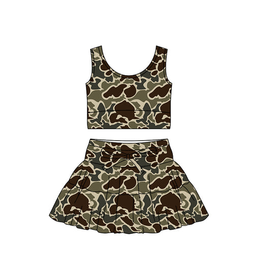(Pre-order)GSD3311 Dark Brown Camo Print Tank Top Skirts Girls Summer Yoga Clothes Set