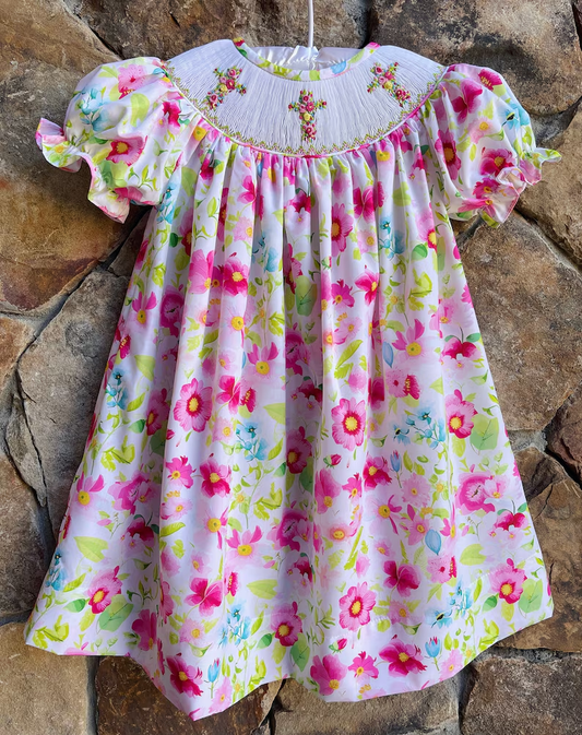 (Pre-order)GSD3314 Colorful Flowers Cross Print Girls Easter Knee Length Dress