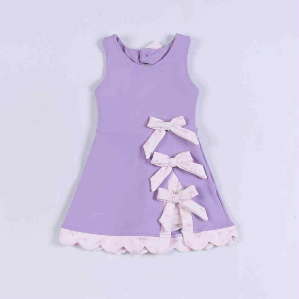 (Pre-order)GSD3317  Purple Color Bows Girls Summer Knee Length Yoga Dress