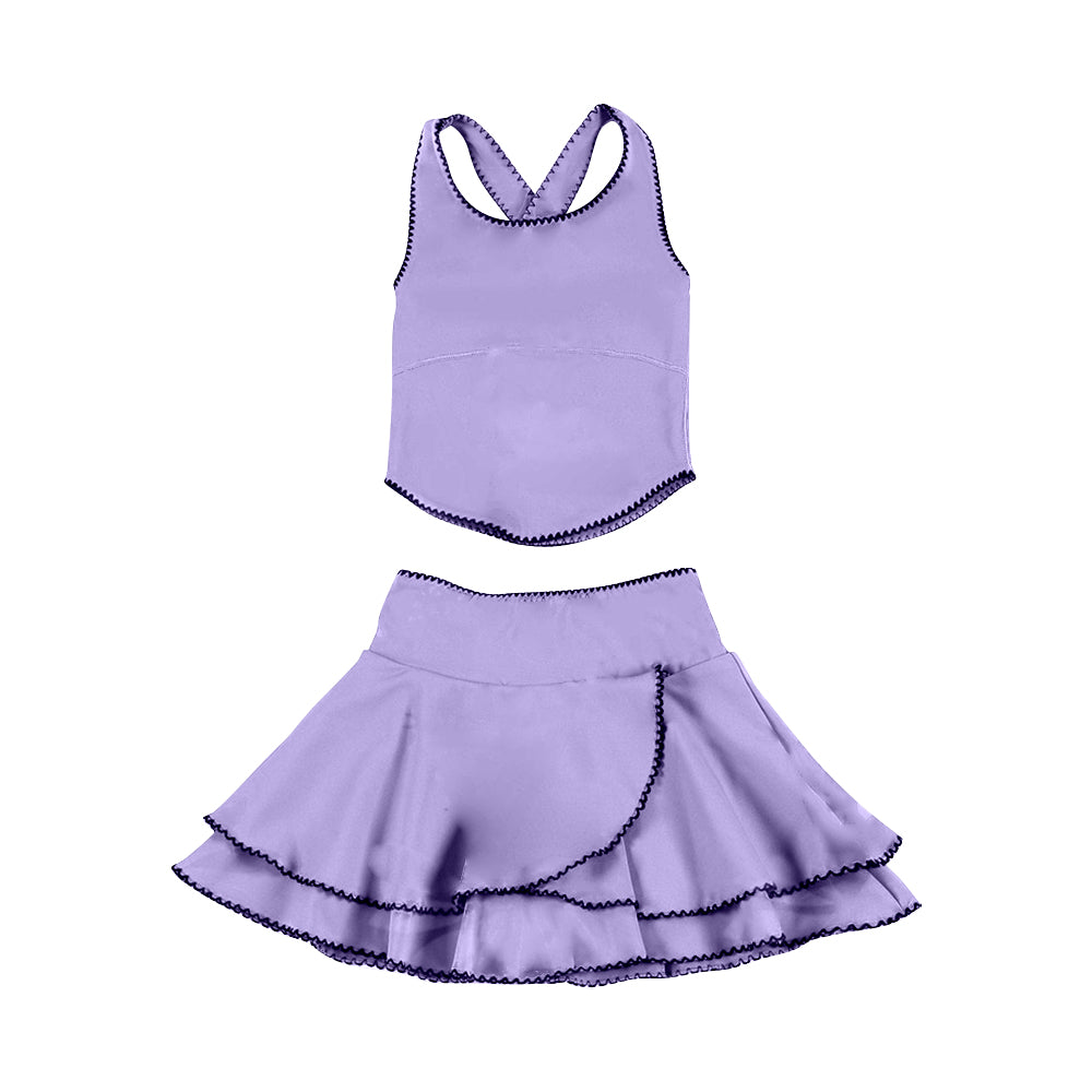 (Pre-order)GSD3325 Purple Color Tank Top Ruffle Skirts Girls Summer Yoga Clothes Set