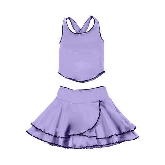(Pre-order)GSD3325 Purple Color Tank Top Ruffle Skirts Girls Summer Yoga Clothes Set