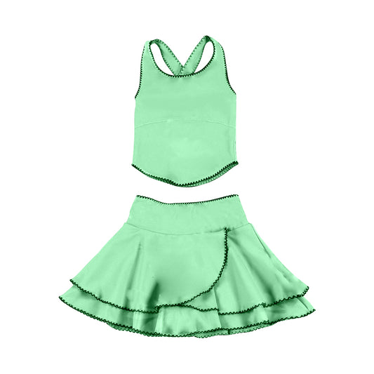 (Pre-order)GSD3327 Green Color Tank Top Ruffle Skirts Girls Summer Yoga Clothes Set
