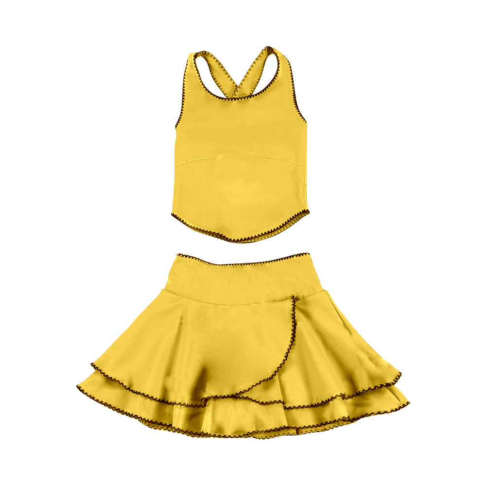 (Pre-order)GSD3328 Yellow Color Tank Top Ruffle Skirts Girls Summer Yoga Clothes Set