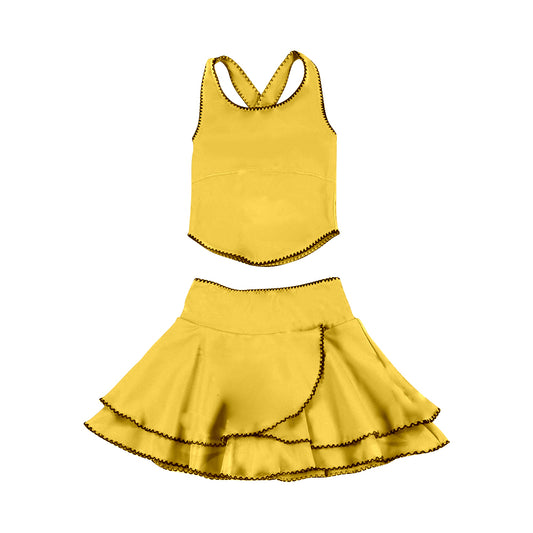 (Pre-order)GSD3328 Yellow Color Tank Top Ruffle Skirts Girls Summer Yoga Clothes Set