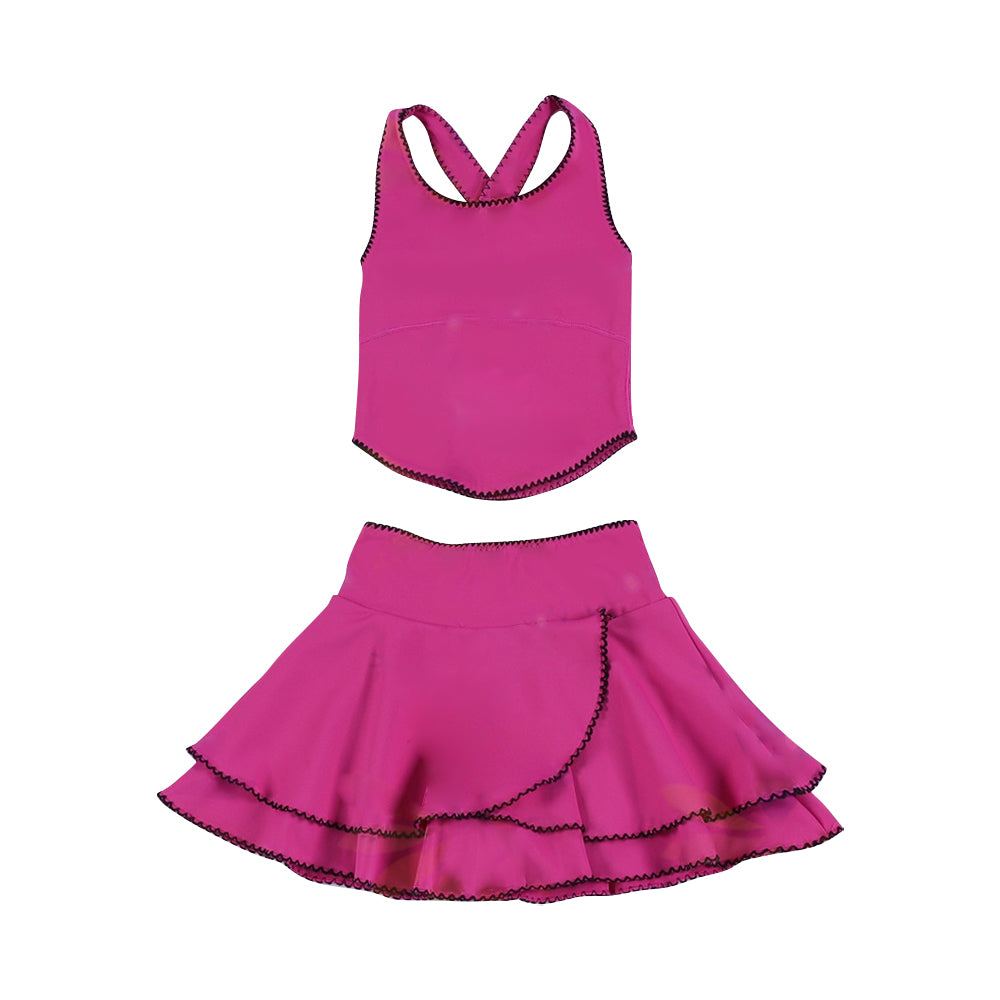 (Pre-order)GSD3329 Hot Pink Color Tank Top Ruffle Skirts Girls Summer Yoga Clothes Set